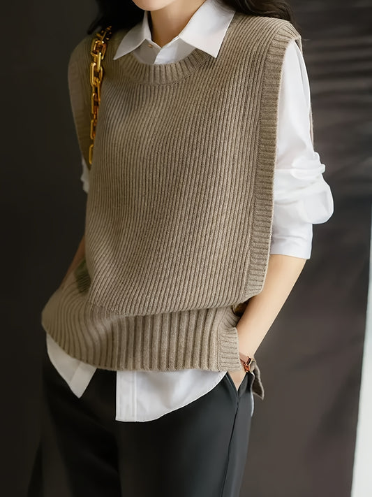 Comfortable Ribbed Sweater Vest for Women with Crew Neck Sleeveless Oversized Knit Style