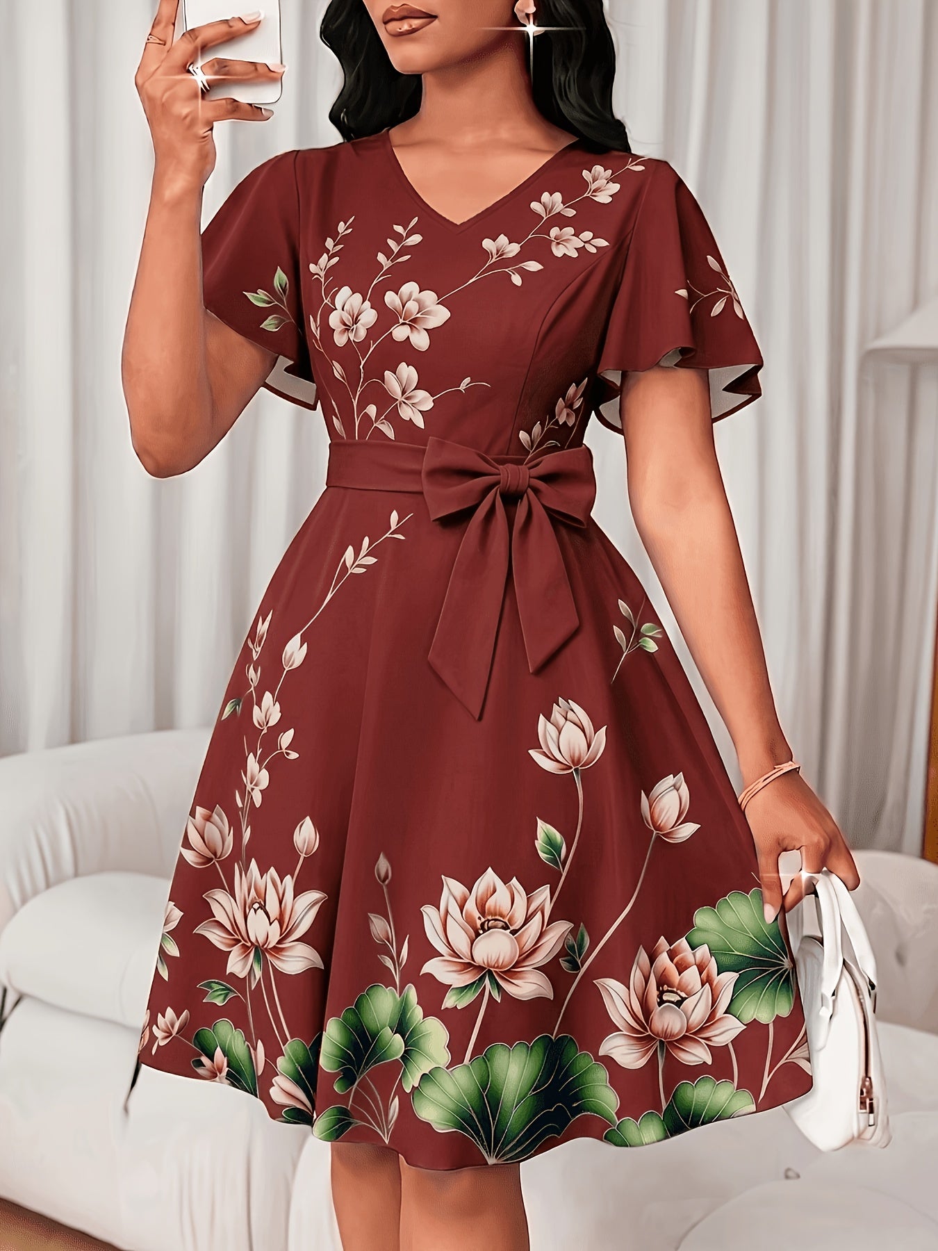 V-Neck Dress, Elegant Floral Print Short Sleeve, Waist-Cinching A-Line Midi Dress, Versatile Women's Wear for Commuting, Parties, and Daily Wear