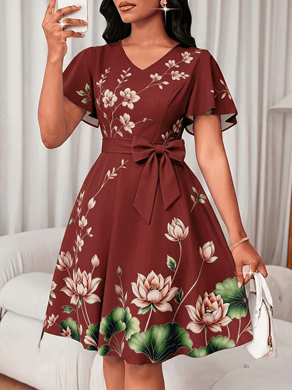 V-Neck Dress, Elegant Floral Print Short Sleeve, Waist-Cinching A-Line Midi Dress, Versatile Women's Wear for Commuting, Parties, and Daily Wear