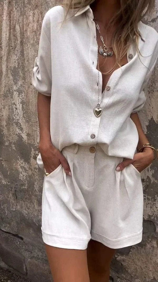 Effortless Linen Two Piece Set for Women with Collared V Neck Elbow Sleeve Pleated Shorts Relaxed Style