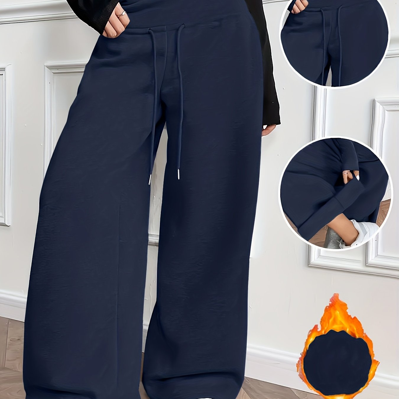 Women'S Fall Winter Solid Color Fleece Wide Leg Pants Elastic Drawstring Loose Trousers