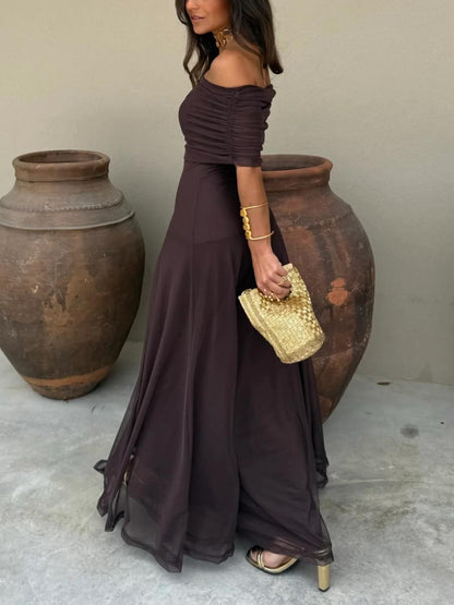 Elegant Mesh Maxi Dress for Women with Off Shoulder Short Sleeve Ruched Flowing Style