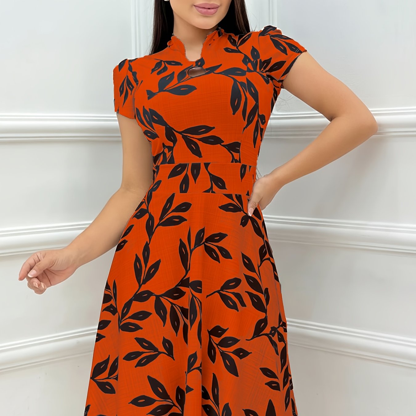 Elegant Leaf Print Fit and Flare Dress for Women with Keyhole Mock Neck Cap Sleeve Flowing Style