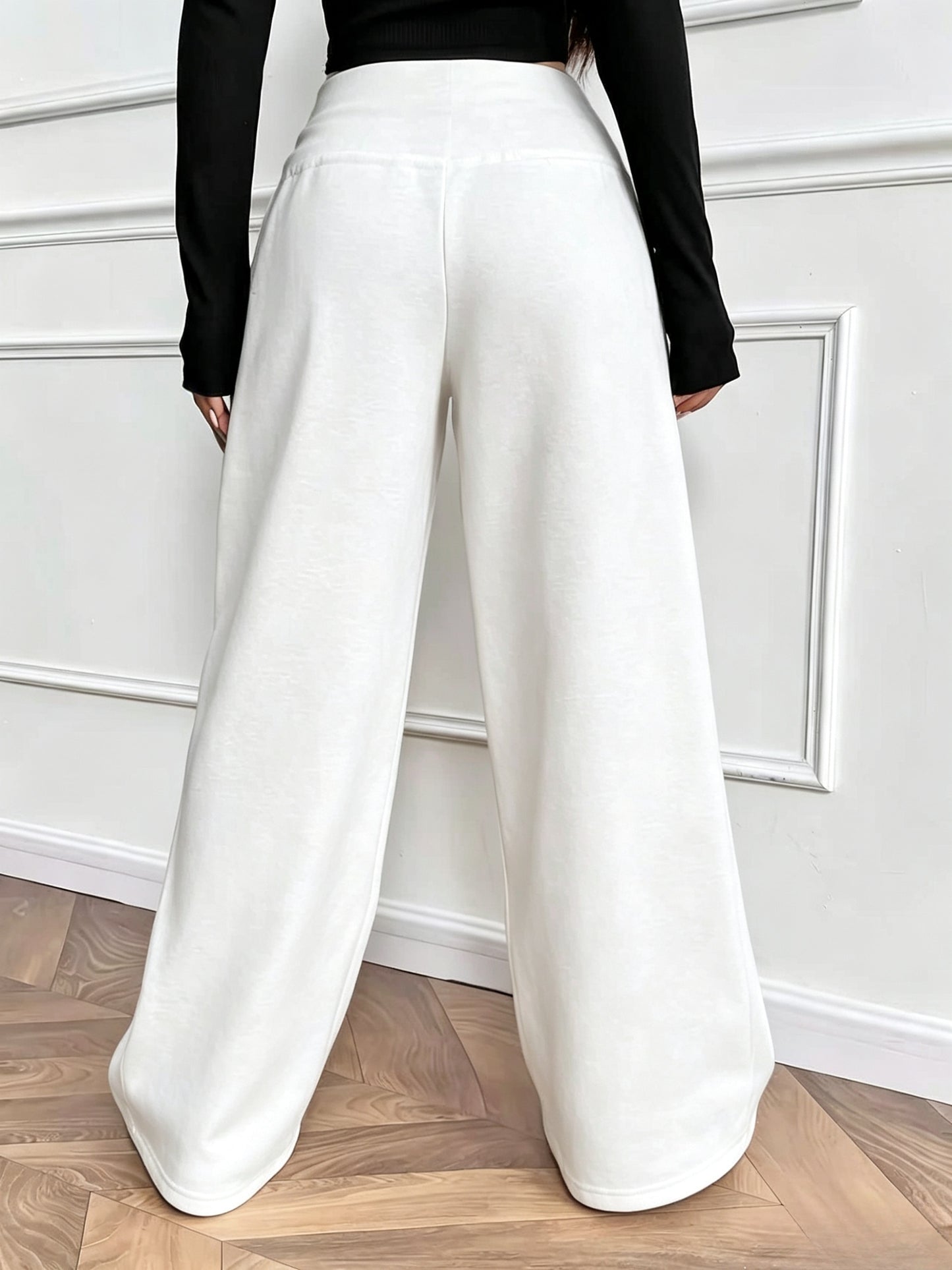 Women'S Fall Winter Solid Color Fleece Wide Leg Pants Elastic Drawstring Loose Trousers
