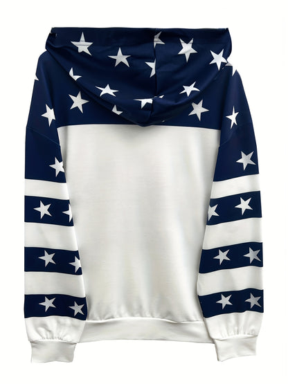 Comfortable Navy Star Print Hoodie for Women with Hooded Long Sleeve Color Block Relaxed Style