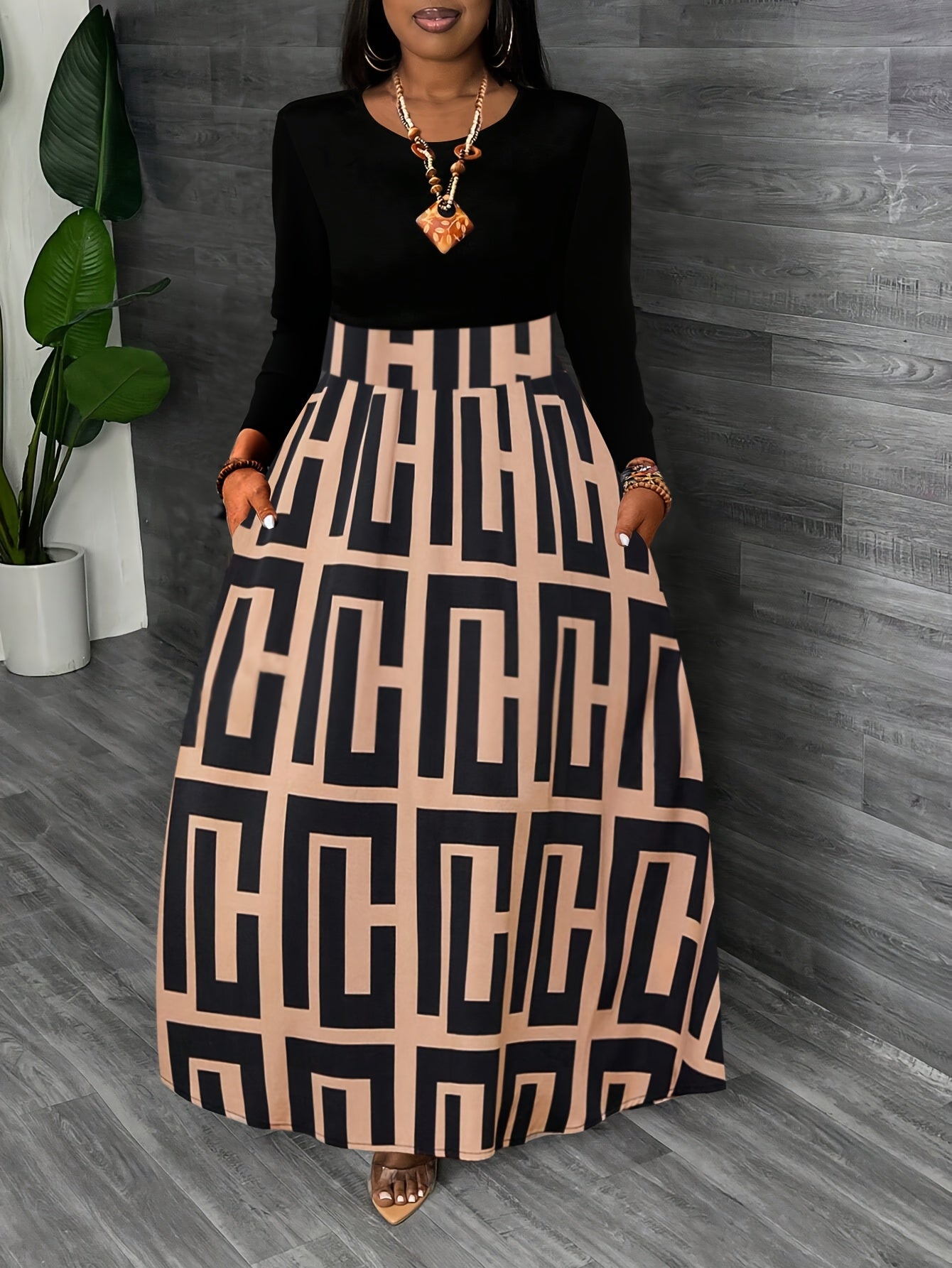 Plus Size, Fashionable Floral Embellished Round Neck Long Sleeve Color-Block Elegant Maxi Dress