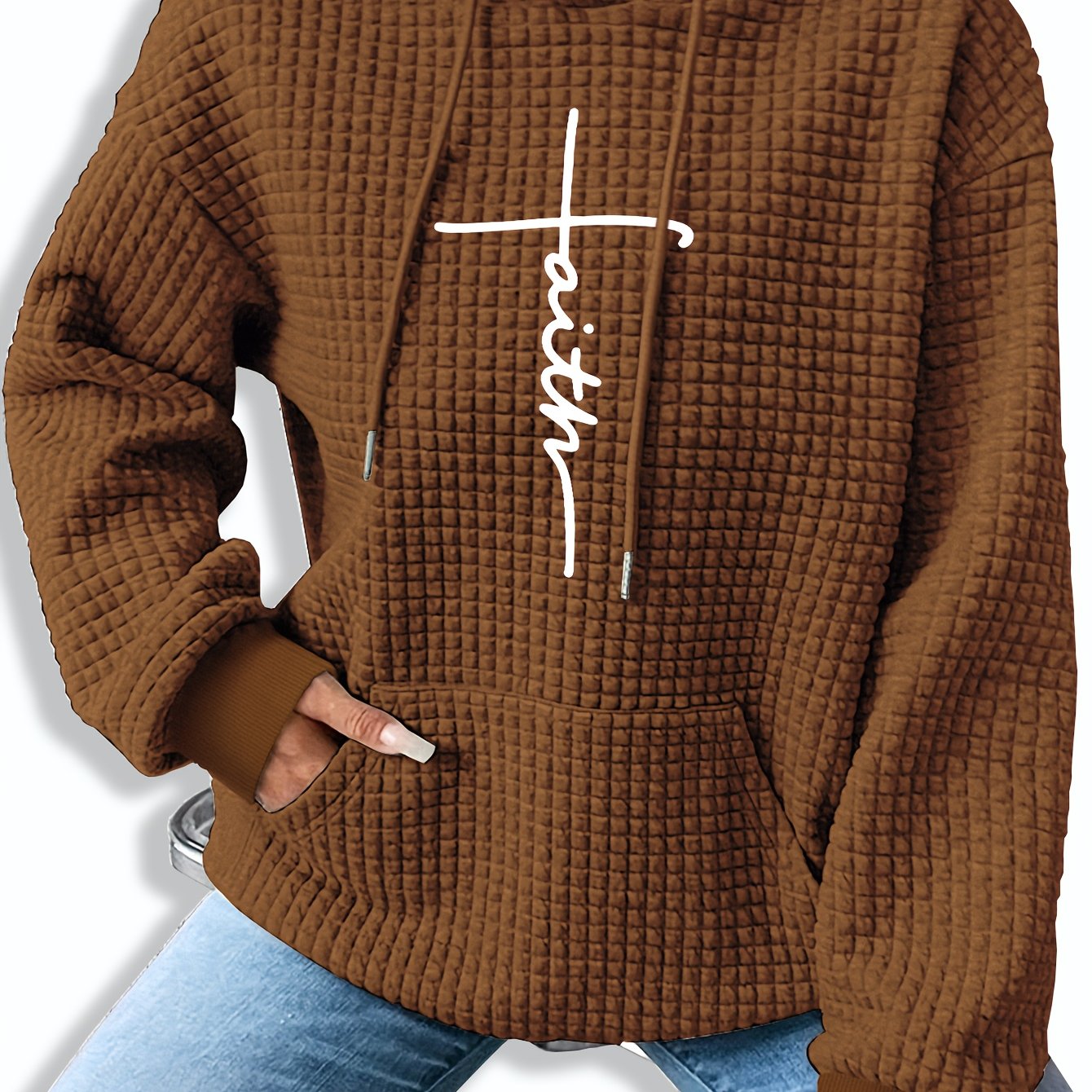 Comfortable Waffle Knit Graphic Hoodie for Women with Drawstring Hood Long Sleeve Oversized Relaxed Style