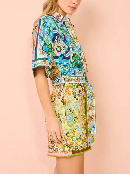 Effortless Multicolor Paisley Print Shirt Dress for Women with Collar Short Sleeve Belted Mini Bohemian Style