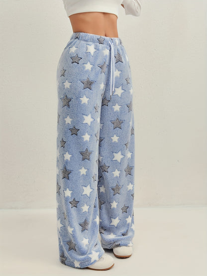 Women'S Autumn Winter Fleece Thickened Star Pattern Belt Drawstring Wide-Leg Long Pants Suitable for Outdoor Indoor Casual Plush Trousers Pants