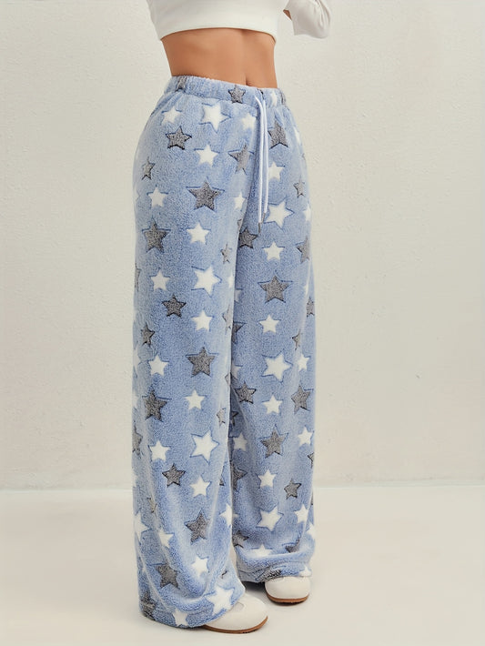 Women'S Autumn Winter Fleece Thickened Star Pattern Belt Drawstring Wide-Leg Long Pants Suitable for Outdoor Indoor Casual Plush Trousers Pants