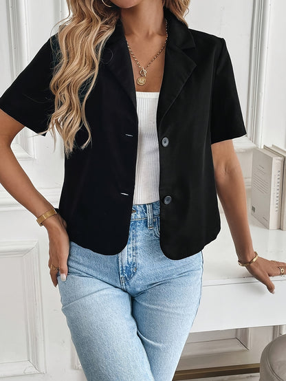 Elegant Cropped Blazer for Women with Notch Lapel Short Sleeve Button Front Relaxed Casual Style