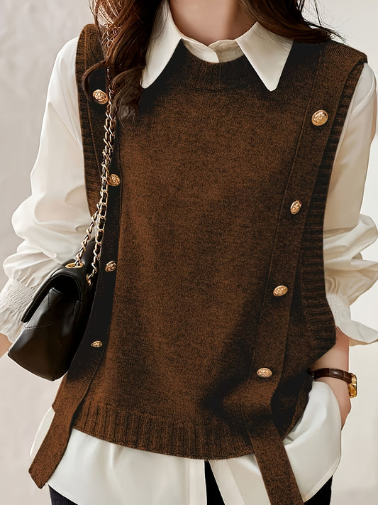 Comfortable Sweater Vest for Women with Round Neck Sleeveless Button Trim Relaxed Oversized Style