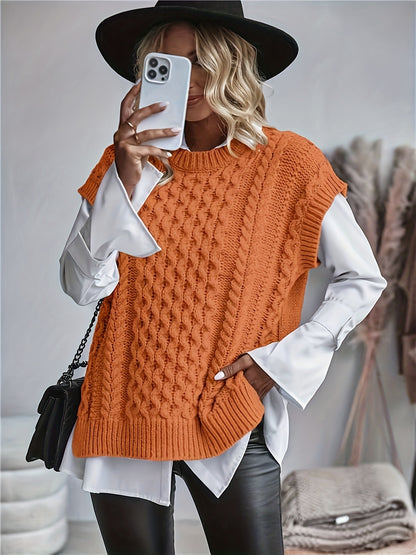 Comfortable Cable Knit Sweater Vest for Women with Crew Neck Sleeveless Chunky Oversized Style