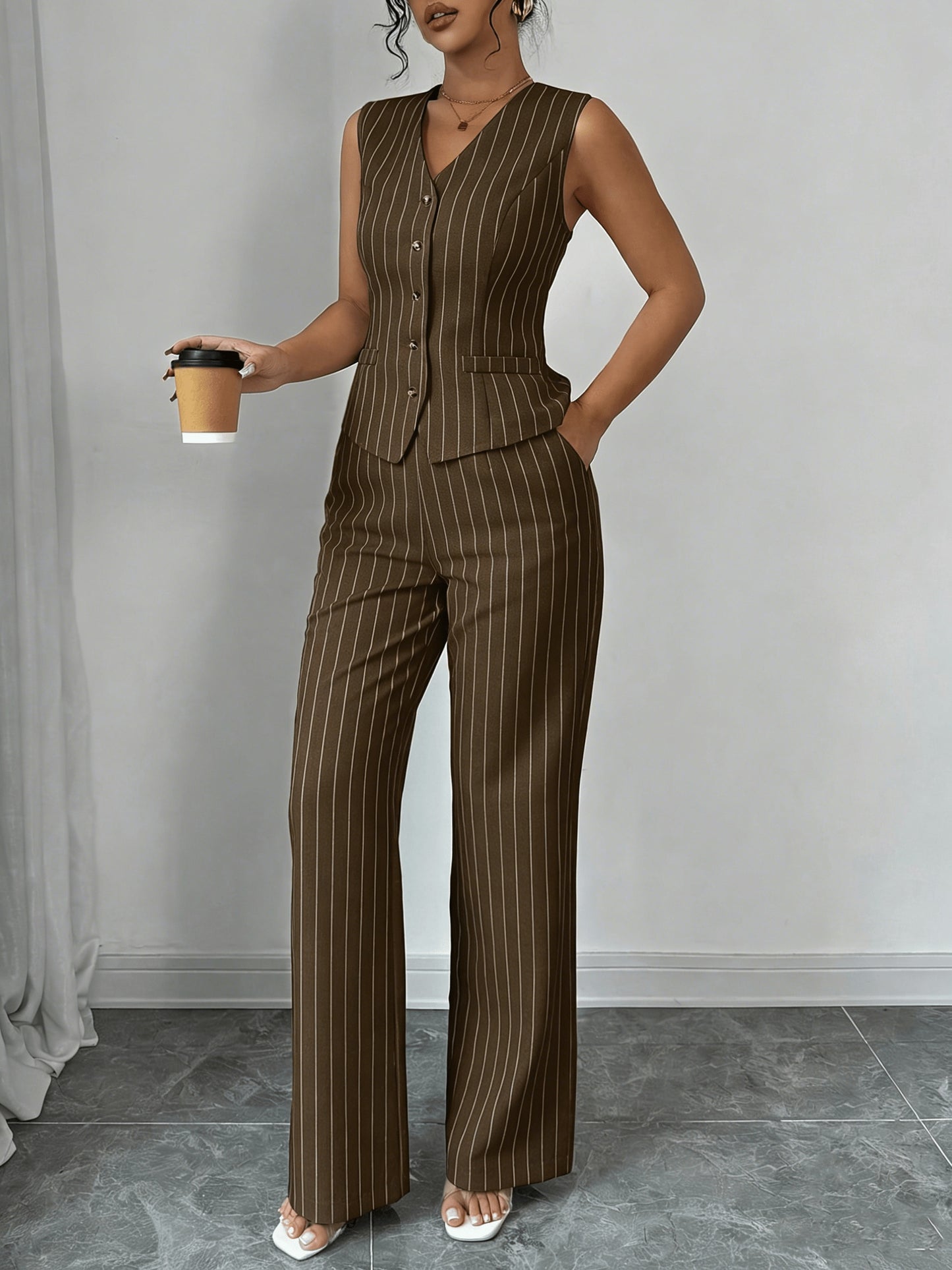 Elegant Grey Pinstripe Two Piece Set for Women with V Neck Button Front Waistcoat Wide Leg Pant Formal Style