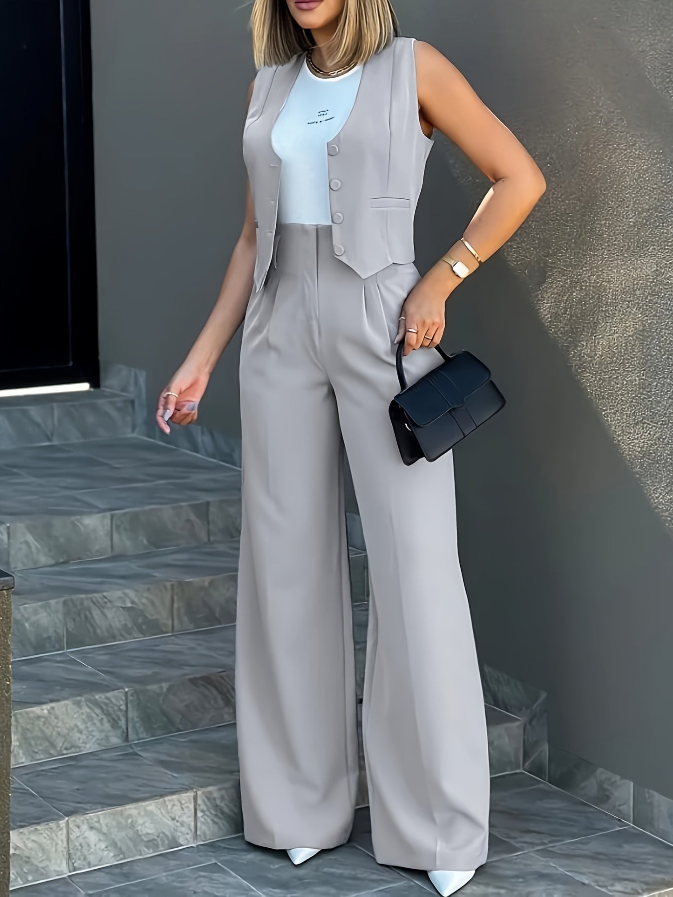 Elegant Silvery Grey Two Piece Set for Women with Button Front Vest Wide Leg Pant Formal Style