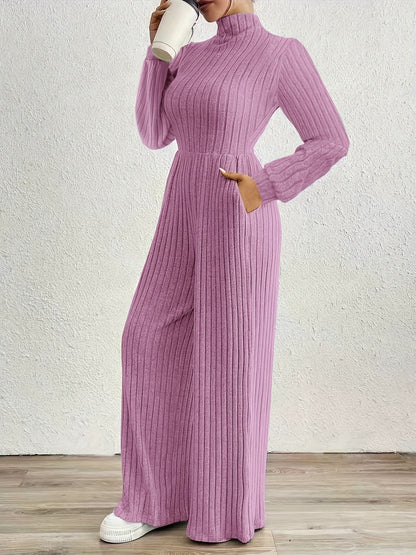 Comfortable Ribbed Knit Wide Leg Jumpsuit for Women with High Neck Long Sleeve Relaxed Pocket Style