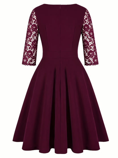 Vintage Floral Lace Party Swing Dress with a Square Neckline for Women