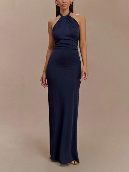 Elegant Navy Maxi Dress for Women with Halter Neck Sleeveless Ruched Backless Formal Wedding Guest Style