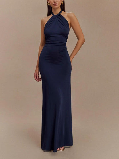 Elegant Navy Maxi Dress for Women with Halter Neck Sleeveless Ruched Backless Formal Wedding Guest Style
