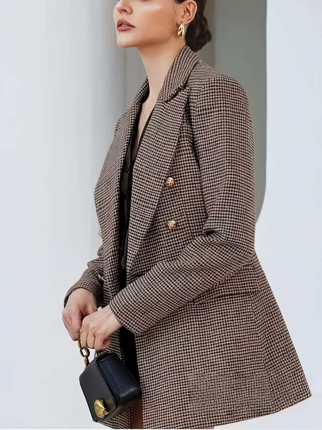 Elegant Coffee Brown Houndstooth Three Piece Set for Women with Notch Lapel Double Breasted Blazer Vest Shorts Formal Style