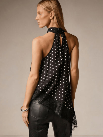 Elegant Satin Halter Top for Women with High Neck Sleeveless Lace Trim Asymmetric Flowing Style
