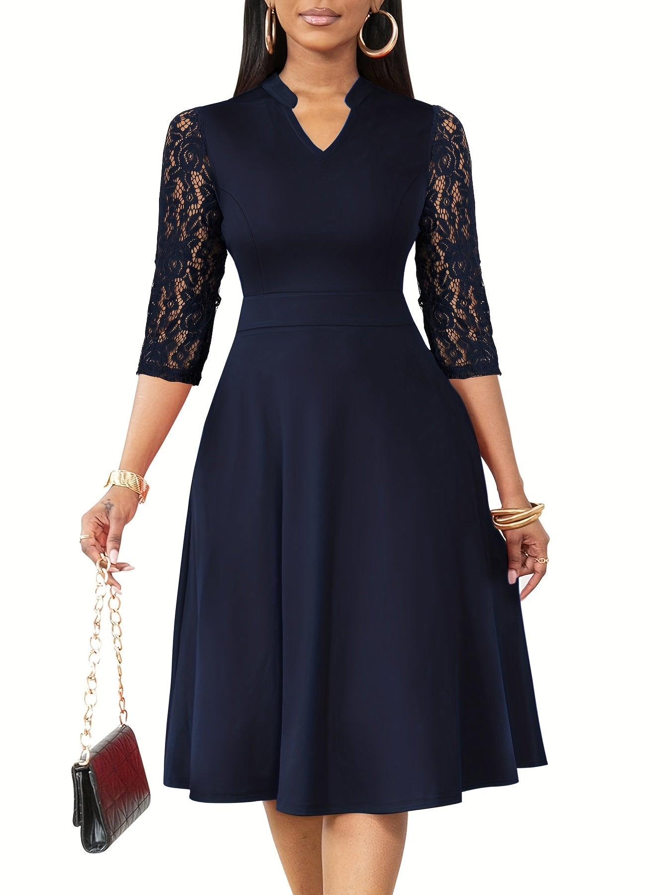 Autumn/Winter Women's Fashion Elegant V-Neck Lace Sleeve Three-Quarter Sleeve A-Line Midi Dress, Suitable for Formal Occasions, Cocktail Parties, and Gatherings