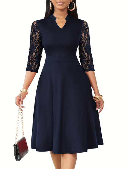 Autumn/Winter Women's Fashion Elegant V-Neck Lace Sleeve Three-Quarter Sleeve A-Line Midi Dress, Suitable for Formal Occasions, Cocktail Parties, and Gatherings
