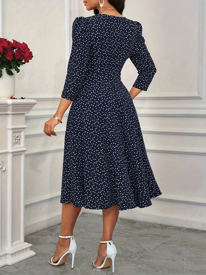 2026 New Valentine's Day/New Year Party/Suitable for Daily Work Wear/Suitable for All Seasons Elegant Fashion Versatile Daily Date V-Neck 3/4 Sleeve Waist Flared Long Red and Blue Women's Elegant Dress, Women's Polka Dot Small Heart Print Dress