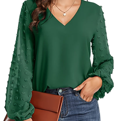 Effortless Swiss Dot Blouse for Women with V Neck Bishop Sleeve Textured Chiffon Casual Style