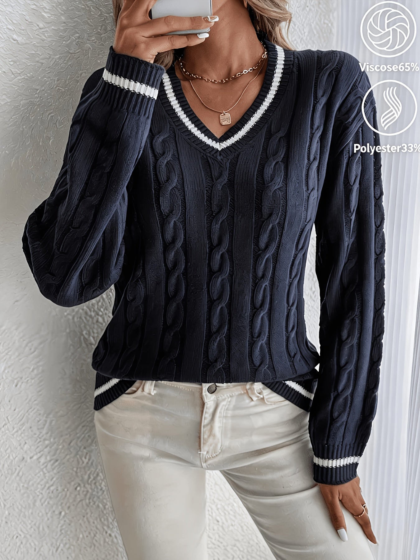 Comfortable Cable Knit Sweater for Women with V Neck Long Sleeve Striped Trim Oversized Style