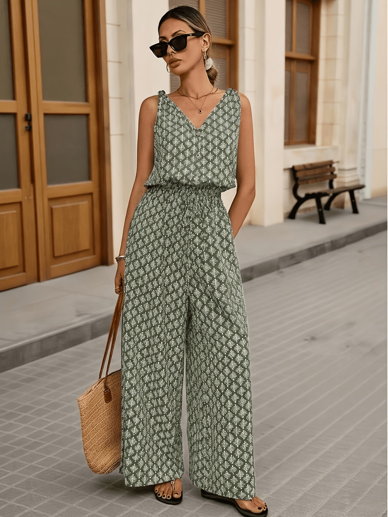 Women's Casual Wide-Leg Jumpsuit, Printed Sleeveless V-Neck Long Jumpsuit with Pockets and Buttons, Summer Jumpsuit, Women's Casual Jumpsuit, Sleeveless Jumpsuit, Women's Jumpsuit, Green, Apricot, Women's Jumpsuit