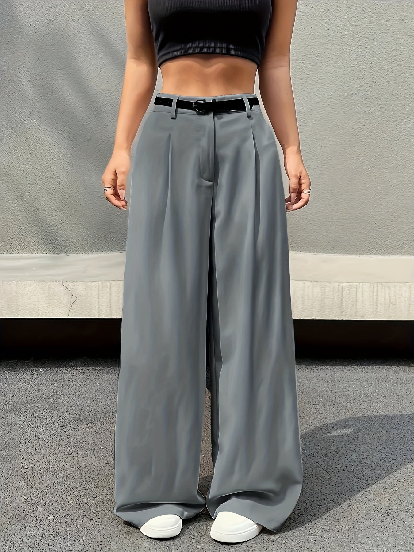 Effortless Tailored Wide Leg Pants for Women with High Waist Pleated Belted Relaxed Style