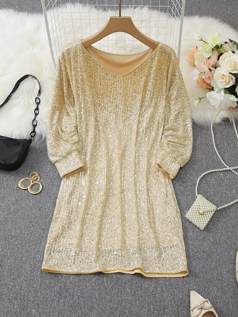 Elegant Sequin Mini Dress for Women with Off Shoulder Batwing Sleeve Bodycon Sparkle Formal Party Style