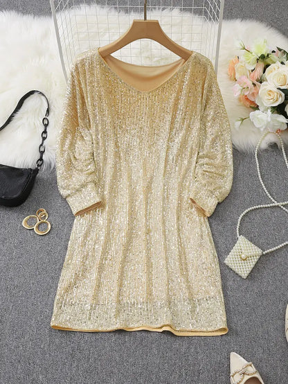 Elegant Sequin Mini Dress for Women with Off Shoulder Batwing Sleeve Bodycon Sparkle Formal Party Style