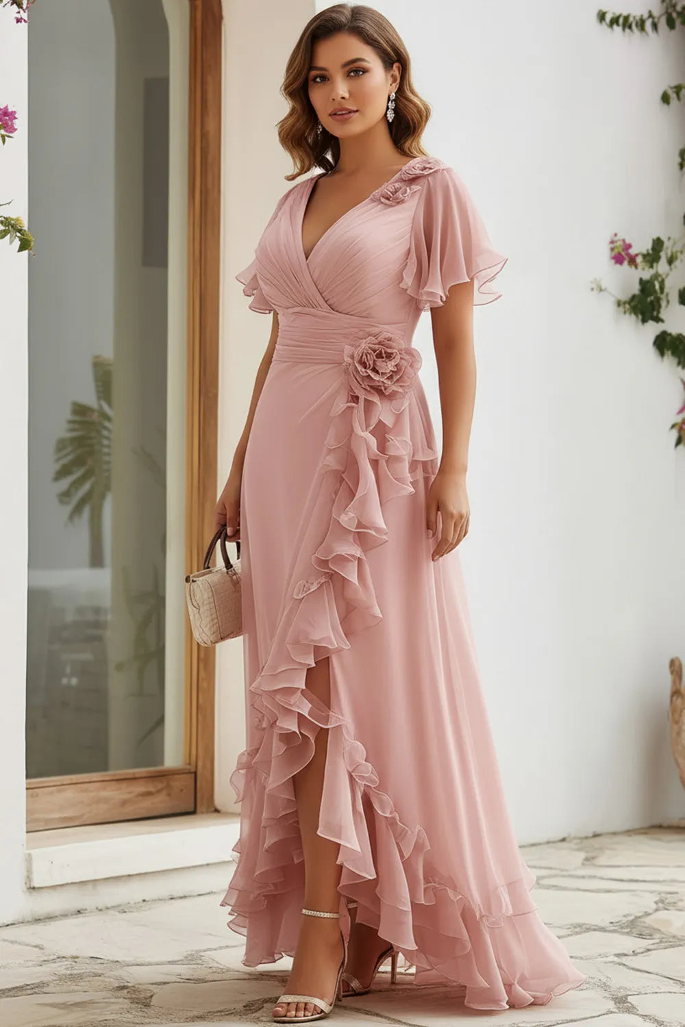 Elegant Blush Pink Chiffon Maxi Dress for Women with V Neck Flutter Sleeve Ruffle Cascade Wedding Guest Style