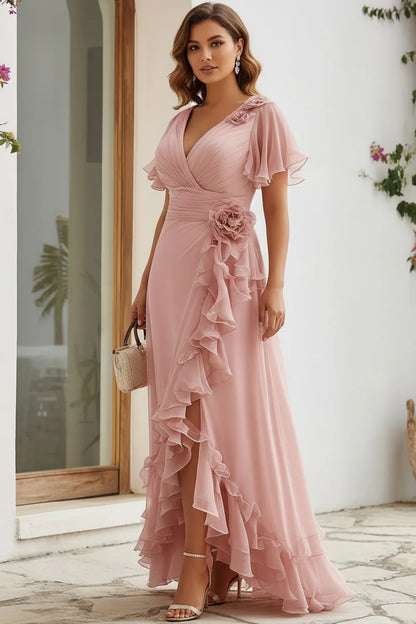 Elegant Blush Pink Chiffon Maxi Dress for Women with V Neck Flutter Sleeve Ruffle Cascade Wedding Guest Style