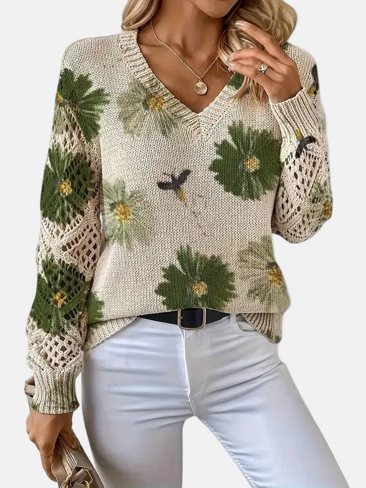Comfortable Floral Crochet Sweater for Women with V Neck Balloon Sleeve Lace Panel Oversized Knit Style
