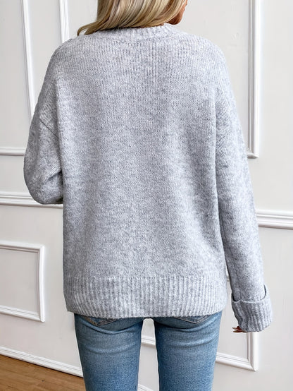 Comfortable Light Grey Ribbed Knit Sweater for Women with Crew Neck Long Sleeve Relaxed Oversized Knit Style