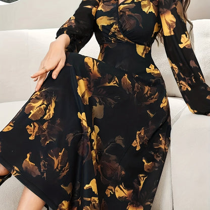 Elegant Black Floral Maxi Dress for Women with V Neck Bishop Sleeve Wrap Asymmetrical Hem Flowing Style
