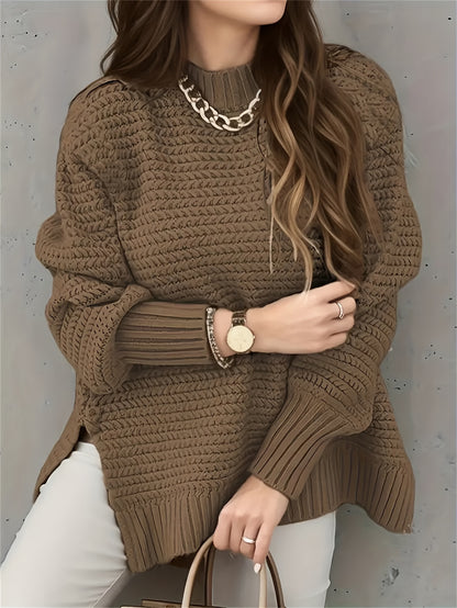 Comfortable Textured Knit Sweater for Women with High Neck Long Sleeve Relaxed Oversized Style