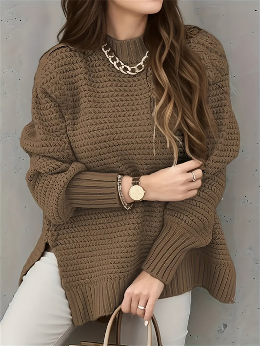 Comfortable Textured Knit Sweater for Women with High Neck Long Sleeve Relaxed Oversized Style