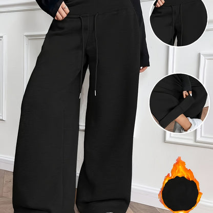 Women'S Fall Winter Solid Color Fleece Wide Leg Pants Elastic Drawstring Loose Trousers