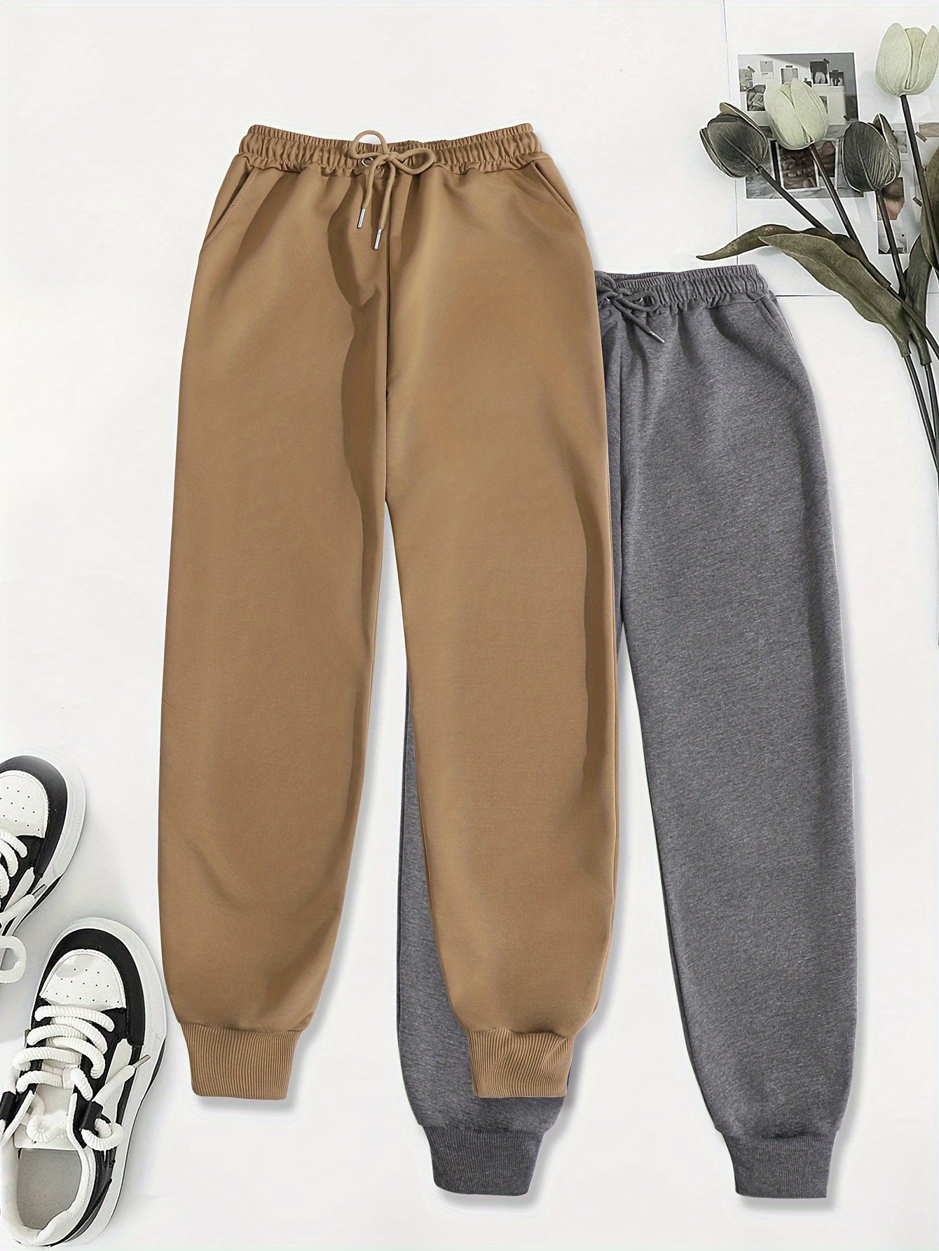 2pcs Women's Casual Jogging Pants - Soft and Comfortable Drawstring Waistband Sport Pants