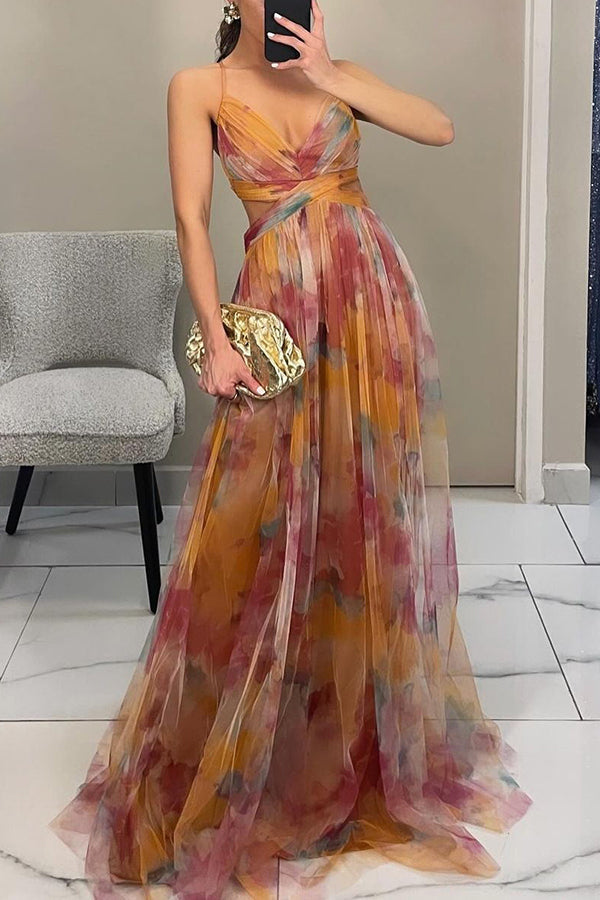 Elegant Watercolor Floral Maxi Dress for Women with V Neck Sleeveless Wrap Waist Flowing Formal Wedding Guest Style
