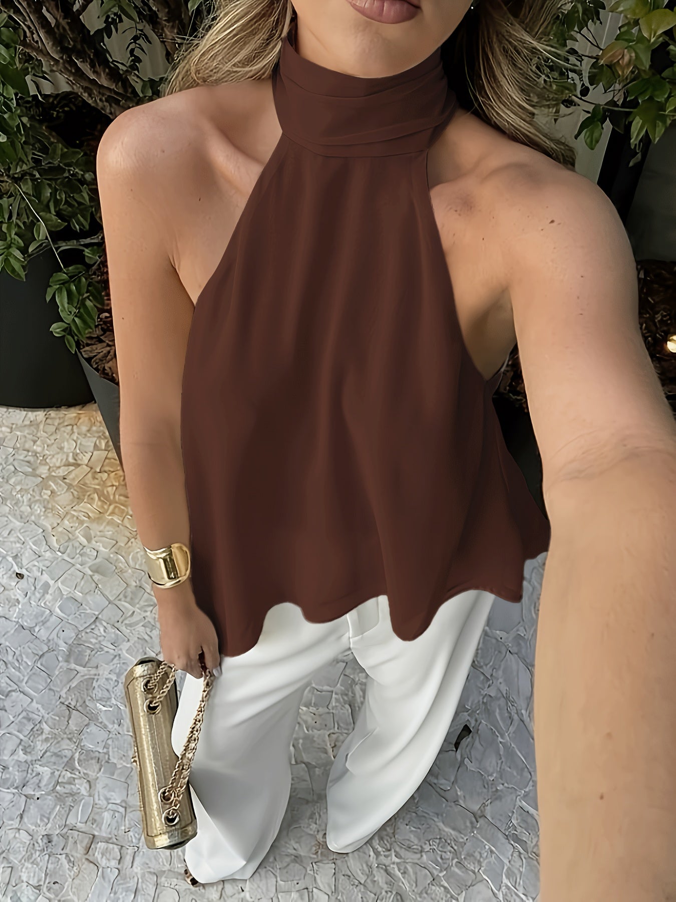 Effortless Chiffon Halter Blouse for Women with High Neck Sleeveless Asymmetric Hem Flowing Style