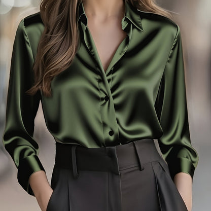 Elegant Satin Blouse for Women with Collar Long Sleeve Button Front Relaxed Silky Style
