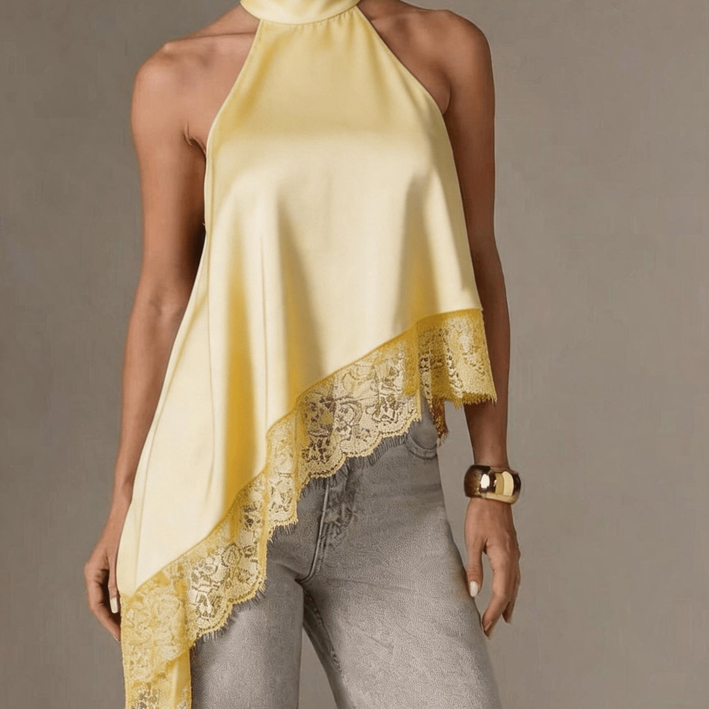 Elegant Satin Halter Top for Women with High Neck Sleeveless Lace Trim Asymmetric Flowing Style