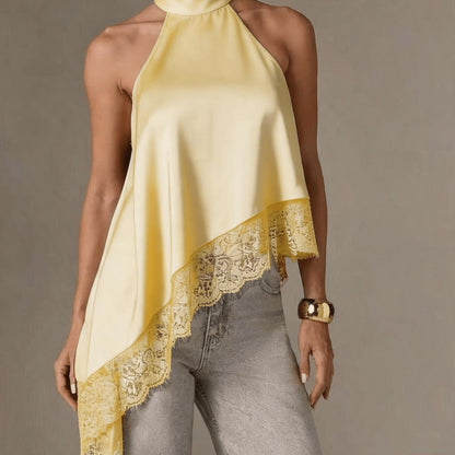 Elegant Satin Halter Top for Women with High Neck Sleeveless Lace Trim Asymmetric Flowing Style