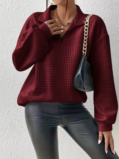 Comfortable and Loose Waffle Solid Standing Neck Zipper Long Sleeve Panel Women's Sweater