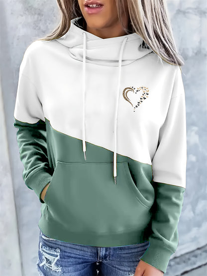 Women's Fashion Color Block Heart Pattern Casual Hooded Sweatshirt